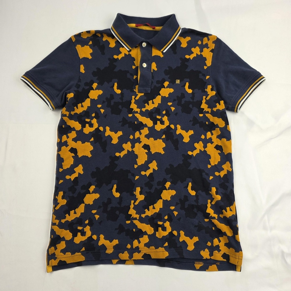 Carolina Herrera Polo Shirt Mens XS Blue Camo Print Cotton Knit Logo Casual